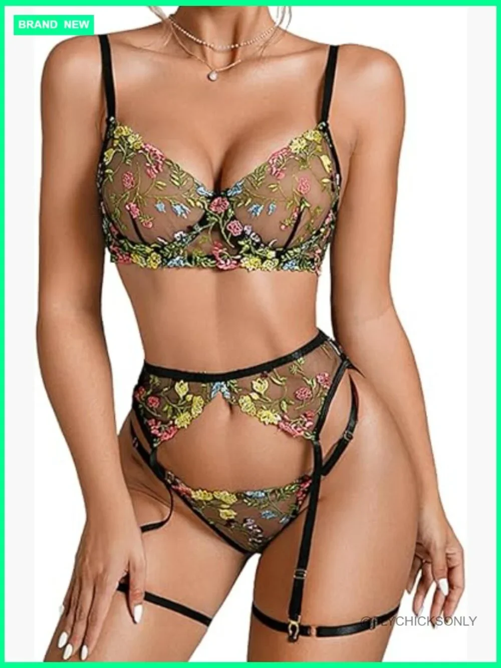 Vibrant Floral Embroidery Underwire Thong Garter Lingerie Set